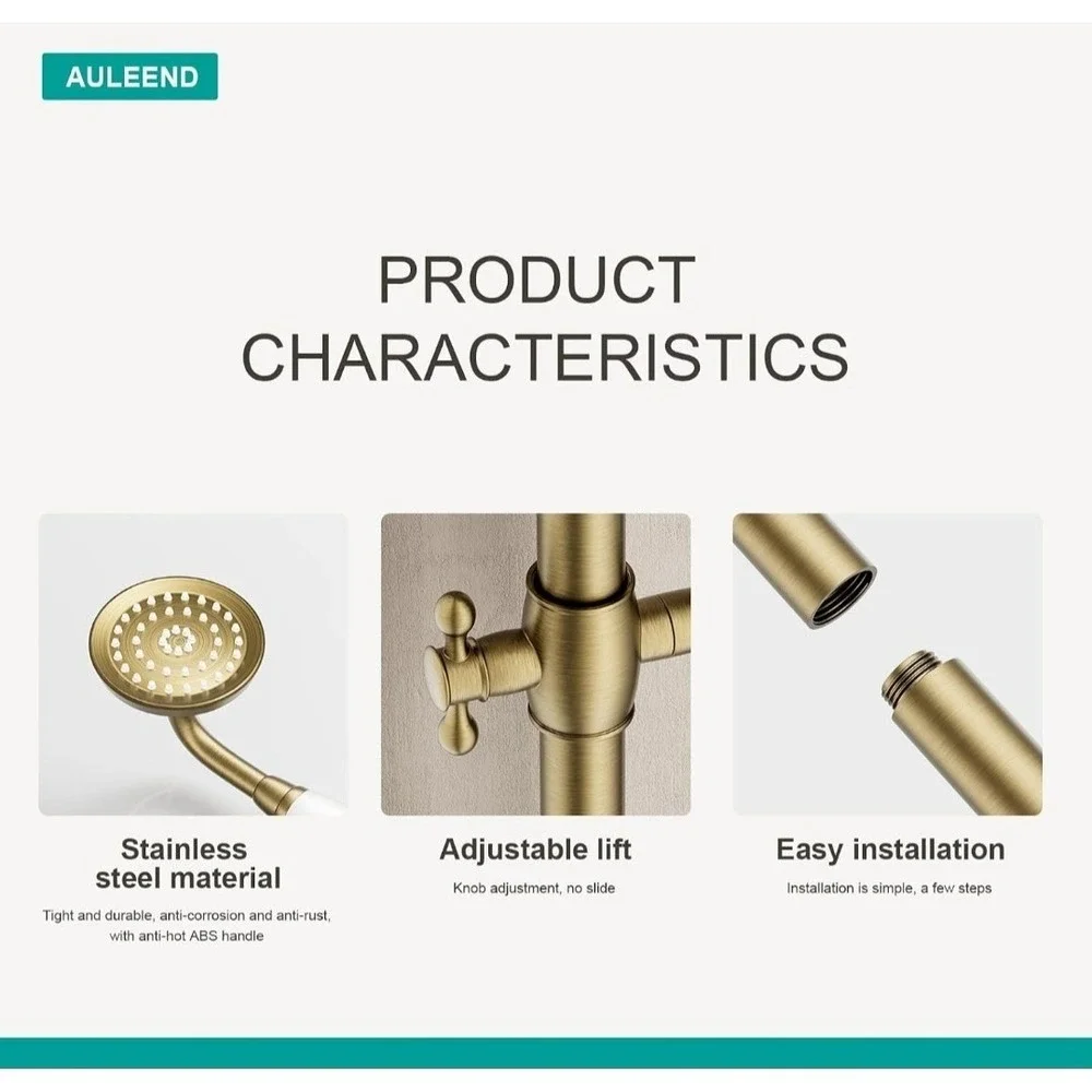 Auleend Brushed Gold Adjustable Slide Bar Shower System with Handheld Head